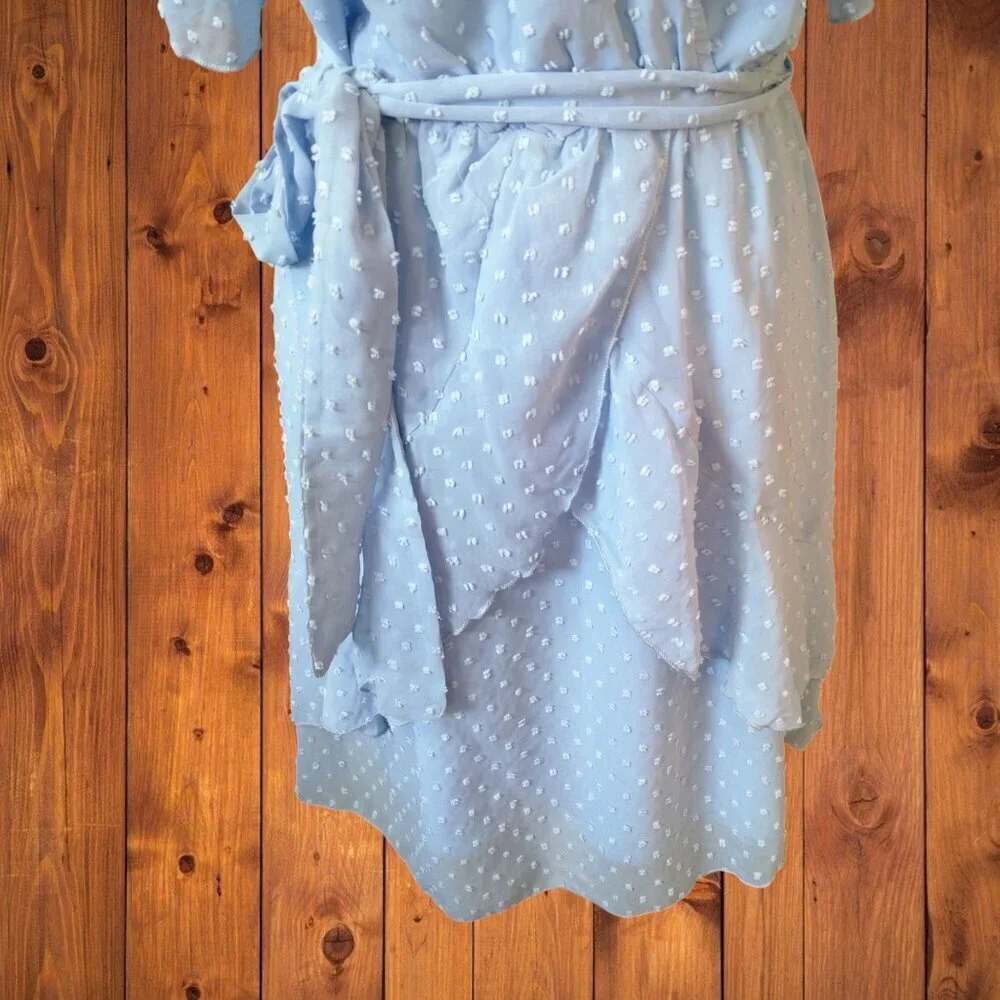ECOWISH Faux Wrap Swiss Dot Dress With Tie Blue Size Medium Ruffle Tiered